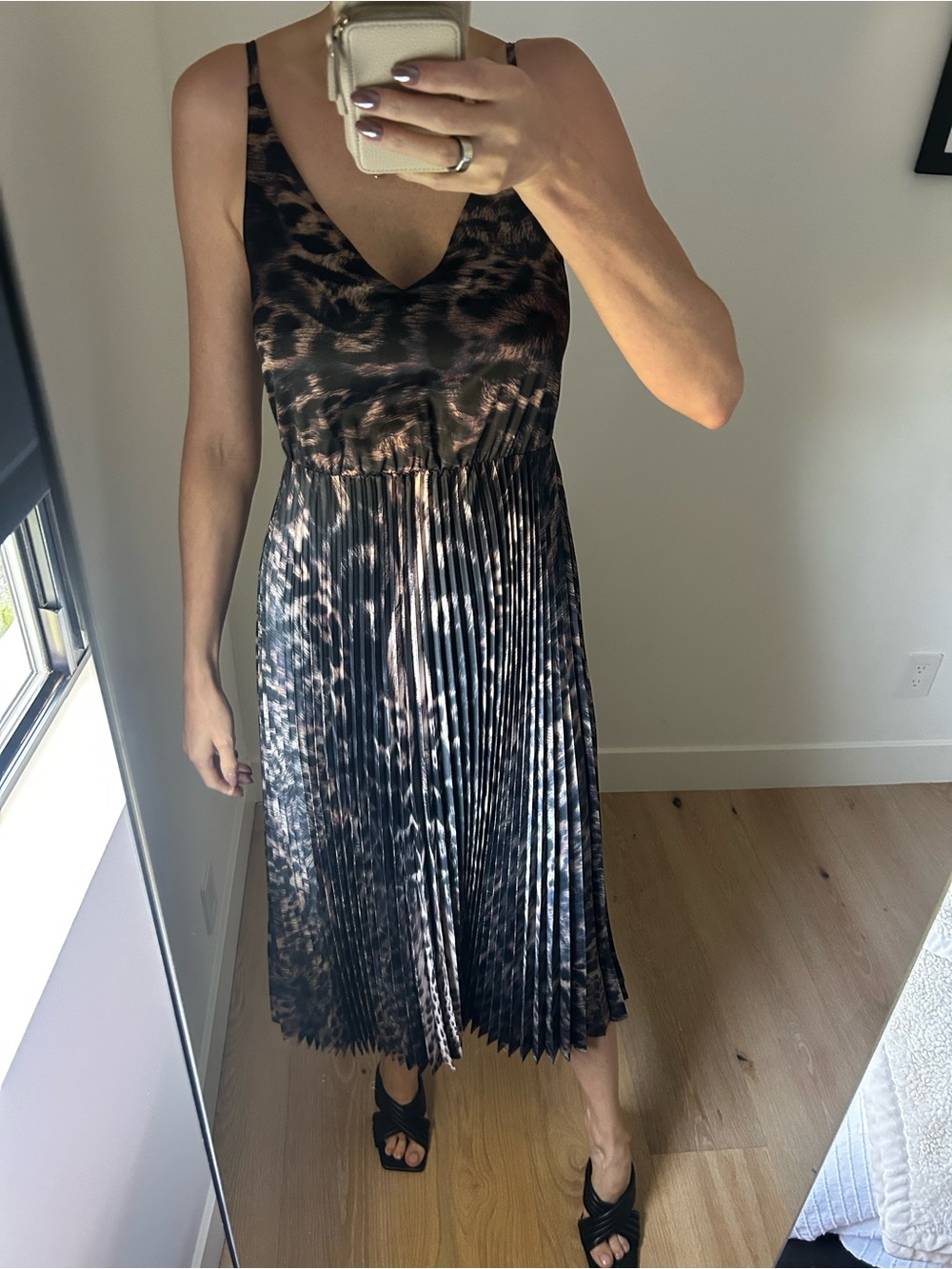 AllSaints Black and Brown Animal-Print Pleated Midi Dress